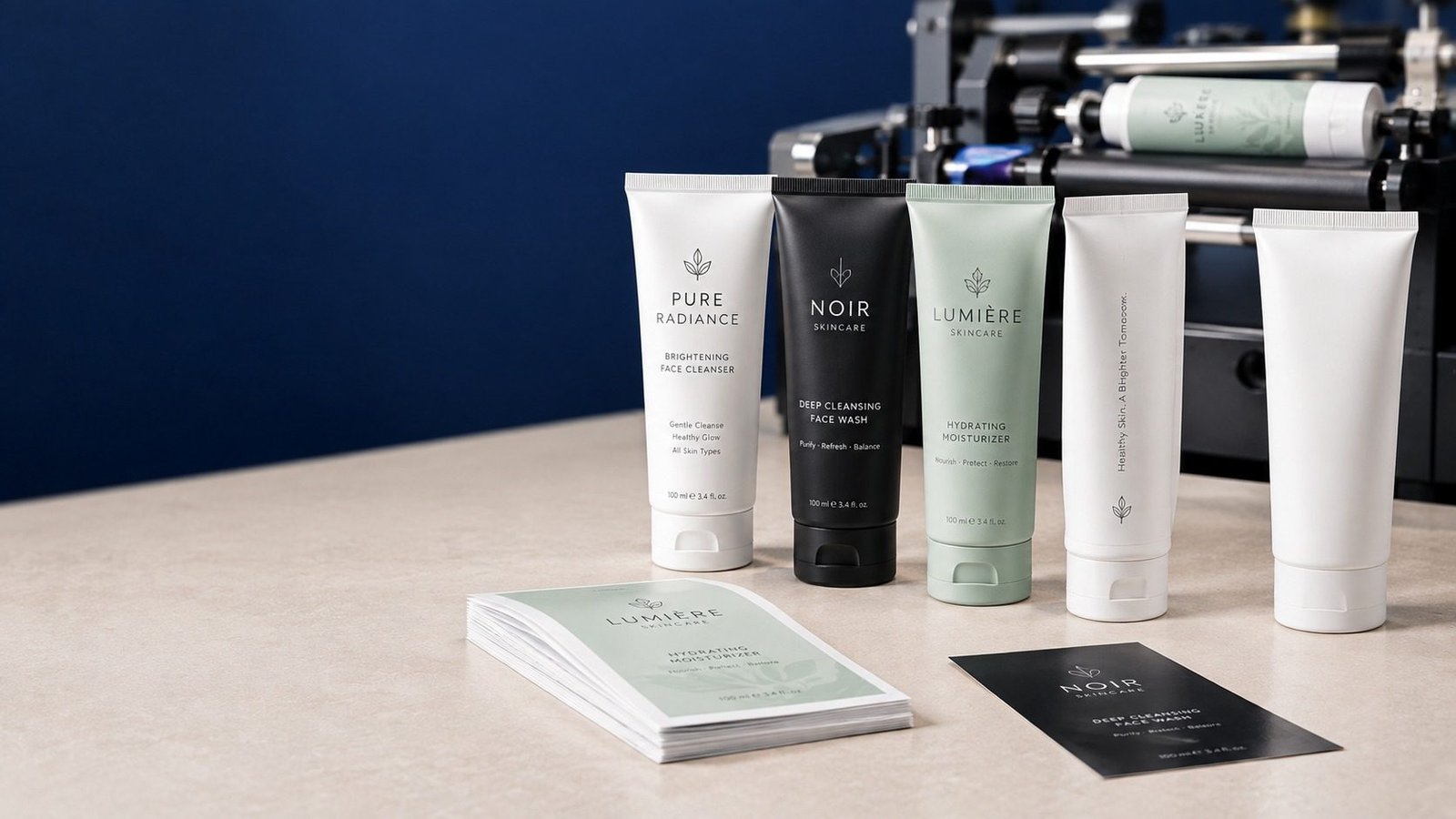 Cosmetic tubes with full-wrap labels applied so they look printed, beside the flat labels and a tabletop label applicator